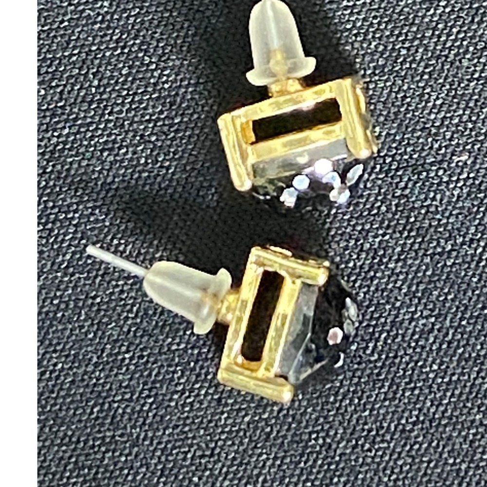 Gold Tone Square Stud Earrings‎ with Faceted Black Gems